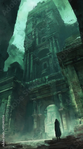 Fototapeta A towering, ancient stone structure rises into a misty, greenish sky. The colossal architecture features impressive, intricate details with large arches and columns, enveloped in an eerie, mysterious 