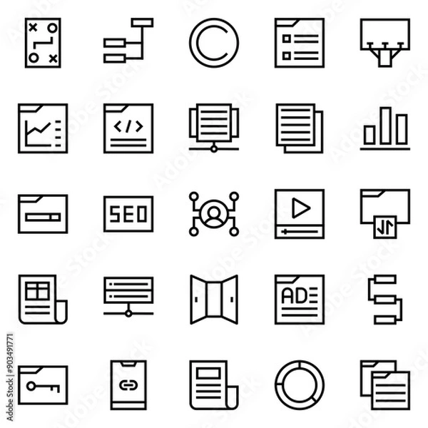 Fototapeta Collection of Basic Marketing & SEO Related Vector Line Icons. Contains Icons like Advertising, Server, Growth, Graphic and more. Editable stroke. 48x48 pixels