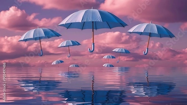 Fototapeta Surreal Landscape with Floating Umbrellas