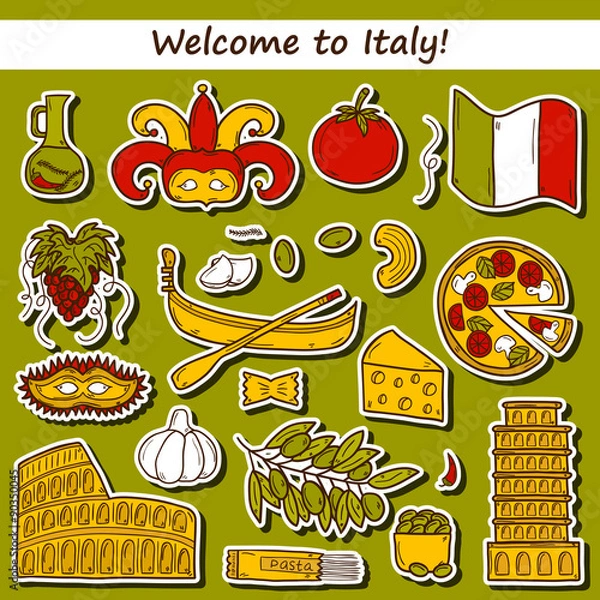 Fototapeta Set of cartoon stickers in hand drawn style on Italy theme
