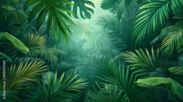 Fototapeta Lush, dense tropical jungle scene filled with various green leaves and plants, creating a serene natural environment.