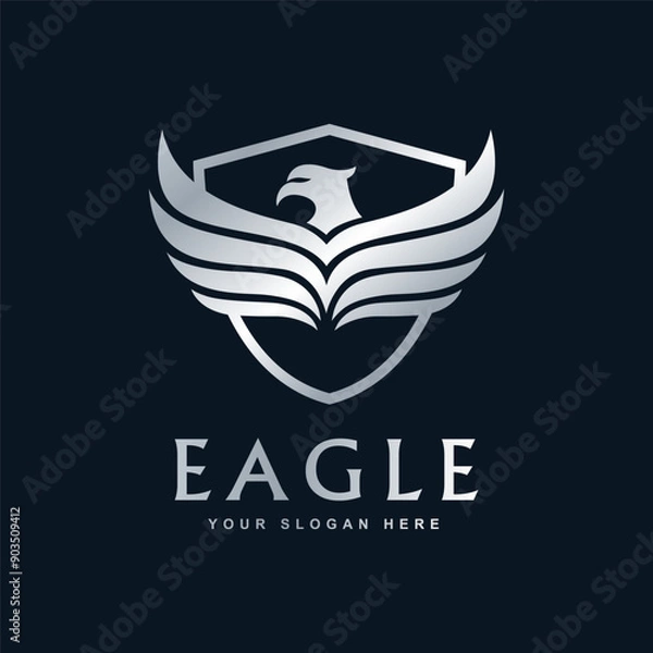 Fototapeta Eagle and shield logo design. Bird, falcon or hawk head badge emblem vector icon