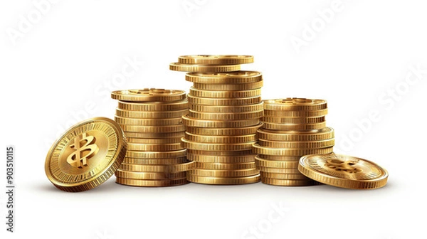 Fototapeta gold coins stack clipart, wealth element, realistic illustration, detailed shading, isolated on white background