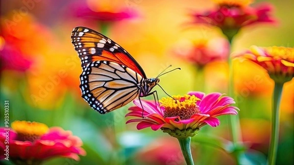 Fototapeta Butterfly resting gracefully on a vibrant flower, insect, nature, wildlife, colorful, delicate, beauty, pollination, garden, wings