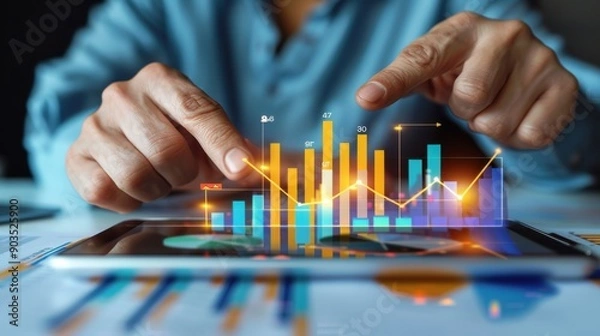 Fototapeta A close-up of a businessman examines sales data and financial reports on a tablet. Financial report planning and strategy for business, finance, and investment concepts