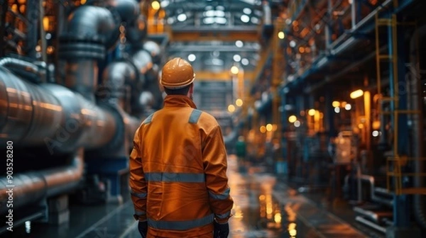 Fototapeta A male engineer inspects industrial pipelines and crude oil drilling rigs in a sizable factory located behind an upstream subsea crude oil and gas production facility