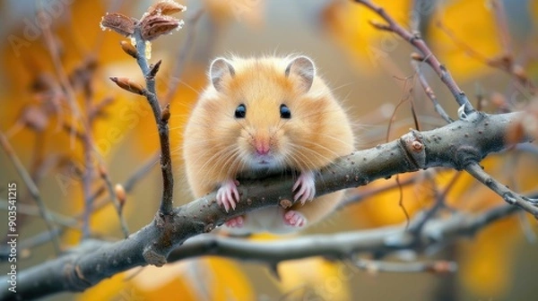 Fototapeta Adorable Syrian hamster perched on a tree branch