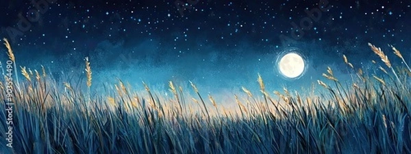 Obraz Studio Ghibli-Inspired Night Scene: Tall Grass Under the Moon