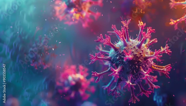 Fototapeta Highly detailed 3D rendering of a virus particle with vibrant colors, focusing on its complex structure, set against a colorful, mysterious background.