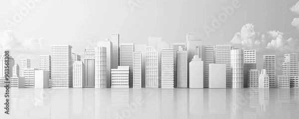 Fototapeta Monochrome 3D minimalist city block with residential towers, emphasizing urban housing demand, sales growth