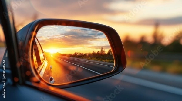 Fototapeta Detailed shot of a rearview mirror in a car, reflecting a vibrant sunset over an open road with warm hues of orange and pink. The driver, partially visible, is focused on the road ahead while