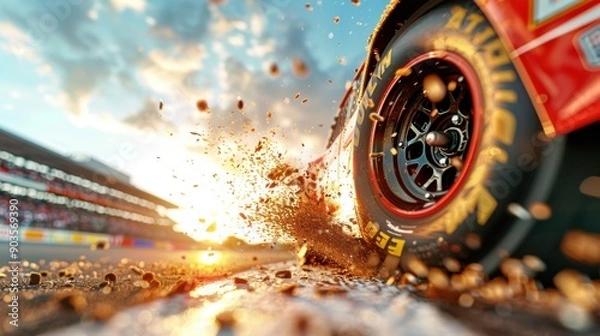 Obraz A close-up shot of a NASCAR race car is tires gripping the asphalt on a racing track, with the focus on the high tread pattern and the track is surface texture. The image captures the intense
