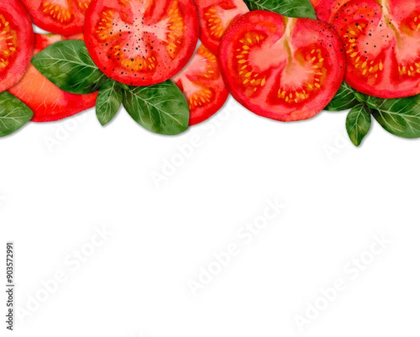 Fototapeta Sliced tomatoes and basil leaves on white, showcasing freshness and vibrant colors