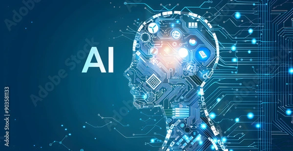 Fototapeta A complex circuit backdrop highlights AI's foundations, while "AI" in the corner underscores the theme, conveying modern tech vibes ideal for education or promotion.