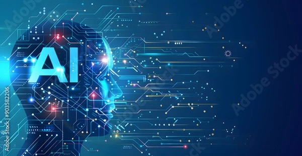 Fototapeta A complex circuit backdrop highlights AI's foundations, while "AI" in the corner underscores the theme, conveying modern tech vibes ideal for education or promotion.