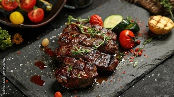 Fototapeta Grilled Beef Steak with Vegetables on Stone Table