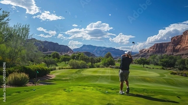 Fototapeta Golfer swinging on a green golf course with a mountainous desert landscape in the background. Clear sky with scattered clouds. Generative by AI