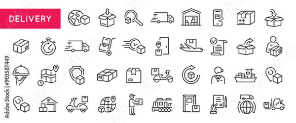 Obraz Delivery Services icons. Set of 20 Delivery trendy minimal icons featuring concepts such as worldwide shipping, package tracking, express mail, and secure transportation. Vector illustration 