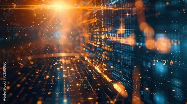 Obraz Abstract Digital Data Flow with Glowing Lights and Bokeh