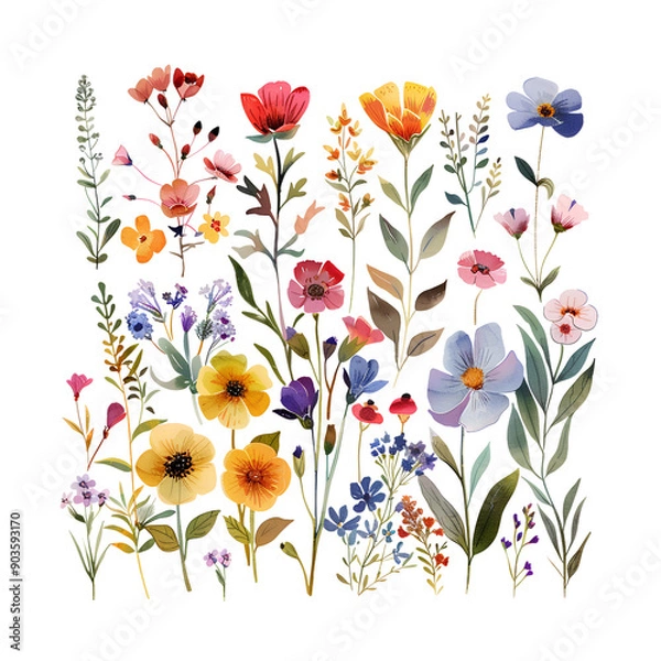 Obraz Plants and flowers in a isolated transparent background,Watercolor wildflowers and leaves illustration set, Set of wildflowers, Watercolor floral,wedding invitation, pattern,leaf,Nature clip art,Ai
