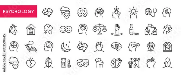 Obraz Psychology and mental health icons. Large set of psychology and mental health trendy minimal icons. Brain, Emotions icon. Design signs for web page, mobile app, packaging design. Vector illustration