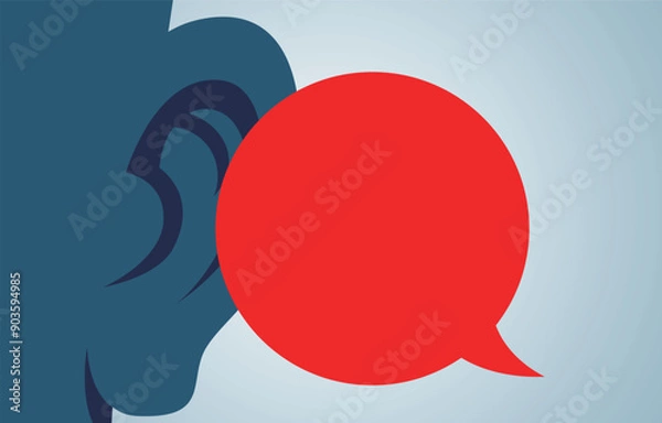 Fototapeta Sideways listening, good at listening and accepting others' ideas, good communication and exchange, huge ears to listen to the information inside the speech bubble