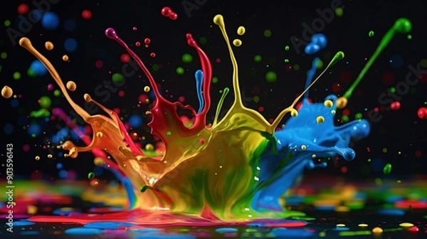 Fototapeta vibrant paint splashes colliding in mid-air, creating a dynamic and colorful explosion against a black background