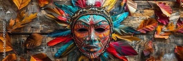 Fototapeta A vibrant wooden mask with intricate designs, surrounded by autumn leaves, symbolizing tradition, heritage, nature, and change.