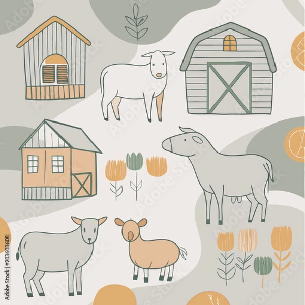 Obraz farm animals and barns seamless pattern Adobe Illustrator Artwork