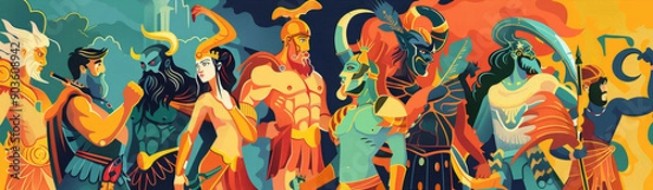 Fototapeta This illustration portrays a diverse group of gods and goddesses with intricate details and vibrant colors. Each figure embodies power, wisdom, and mythological stories.