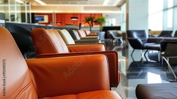 Fototapeta Airport lounge with rows of comfortable leather chairs, modern interior design, and bright natural lighting. Generative by AI