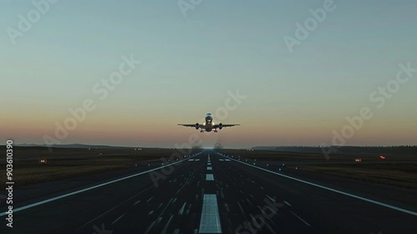 Fototapeta Airplane taking off from runway, clear sky background, highlighting aviation and travel. Generative by AI