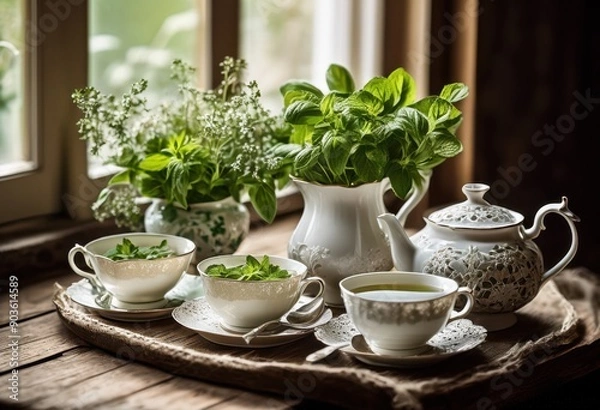 Fototapeta elegant tea arrangement featuring delicate porcelain fresh stylish accents charming experience, herbs, cups, accessories, aroma, leaves, floral
