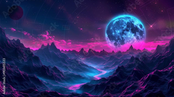Obraz A synthwave mountainscape with neon lights and a full moon in the background, in the style of vector art with an 80s retro design using simple shapes and a dark purple, pink, blue color palette.