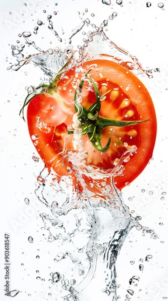Fototapeta floating isolated tomato with water splash, slice on white background