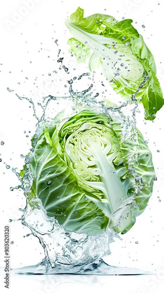 Fototapeta Floating isolated whole cabbage with water splash on white background