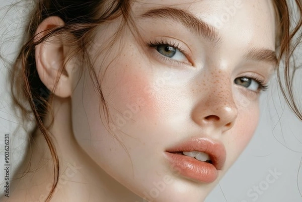 Fototapeta Closeup portrait of a model, flawless makeup, sharp focus, neutral background,