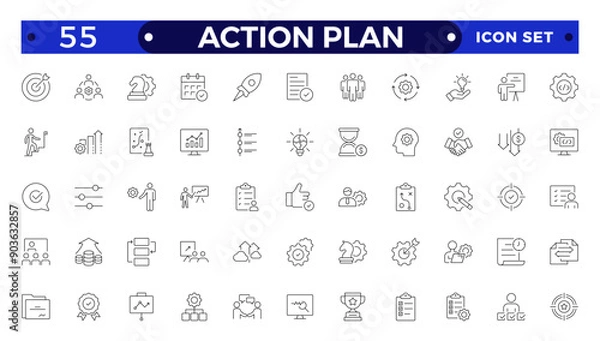 Fototapeta Action plan line icons collection. Business, strategy, startup, steps, target icons. UI icon set. Thin outline icon.