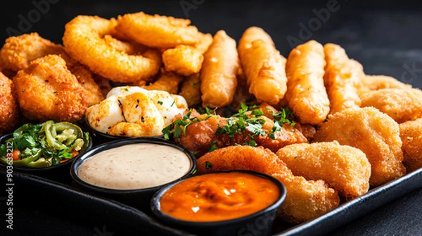 Fototapeta Delicious Variety of Fried Appetizers on Platter with Dipping Sauces in Moody Restaurant Setting