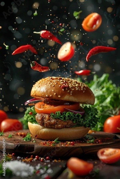 Fototapeta Delicious Gourmet Burger with Fresh Vegetables and Spices in a Rustic Setting