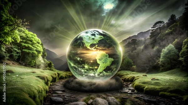 Fototapeta visualize a glowing sphere at the center of a mist