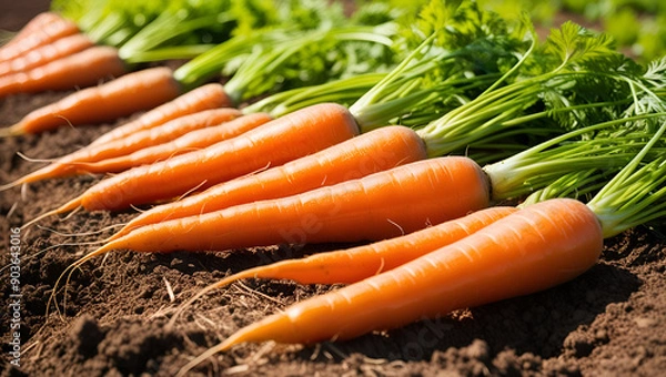 Fototapeta Freshly picked carrots on the soil in a field of a farm, agriculture vegetables .