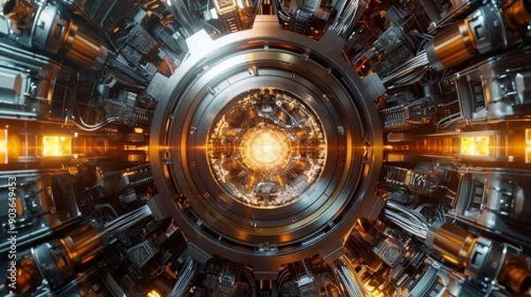 Fototapeta A hyper-realistic CGI render of a fusion reactor core, with plasma containment fields and intricate engineering details