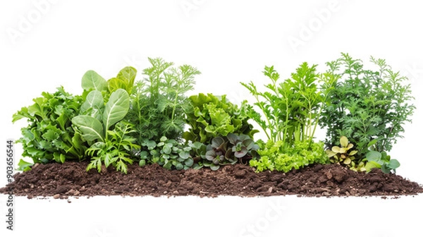 Fototapeta Sprouts of onion , basil, parsley, lettuce, dill, arugula growing in piece of ground. Greens on transparent background