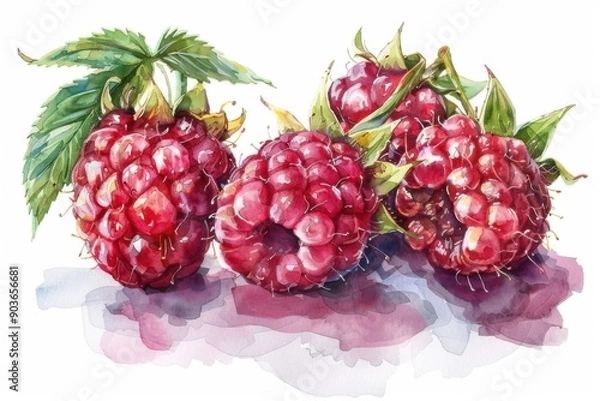 Fototapeta Illustration of vibrant red raspberries with lush green leaves on a soft background