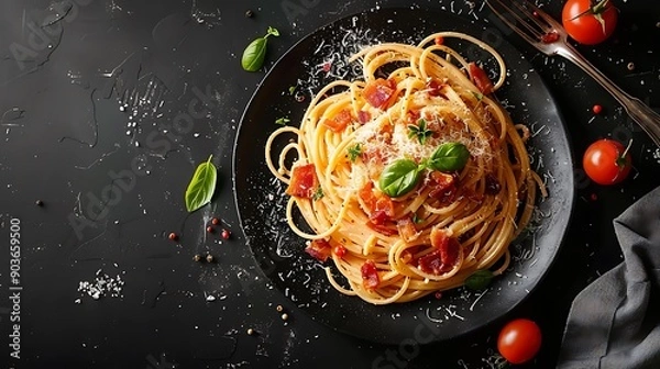 Fototapeta An inviting plate of spaghetti carbonara with creamy sauce and crispy pancetta, captured in a close-up on a dark surface. Soft lighting highlighting the golden pasta and crisp pancetta,