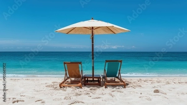 Obraz Beach chairs set up facing the ocean under an umbrella