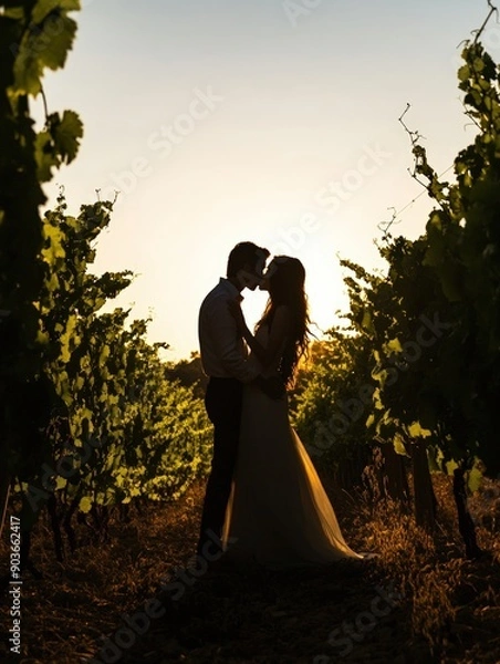 Fototapeta Love couple silhouette hugging and kissing each other in the golden hour time, countryside