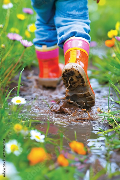 Fototapeta close-up of a little boy's boots walking on muddy ground surrounded by multicolored flowers, ugc, free, fun, mischief,