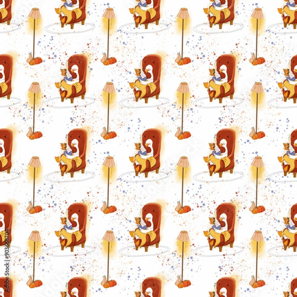 Fototapeta Autumn seamless pattern with cute goose in a chair and pumpkins